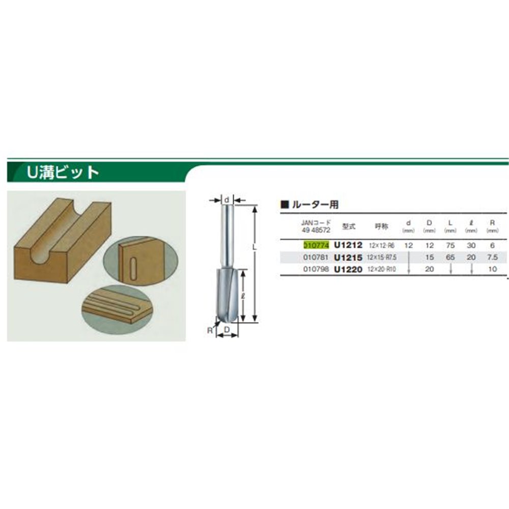 大日商 木工ビット U溝ビット 12×12 R6 [作業工具 ルーター 木工 引き手溝 滑り止め] U1212